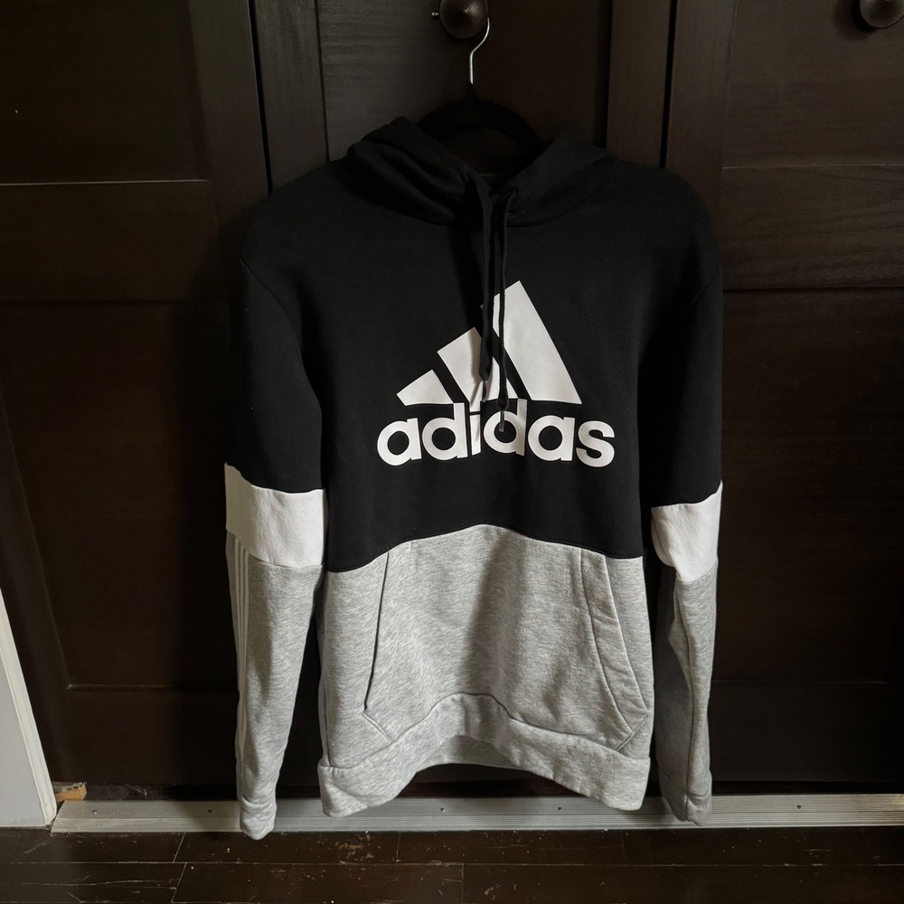Adidas Womens Black Colorblock Logo Pullover Hoodie 3-Stripe Size Medium